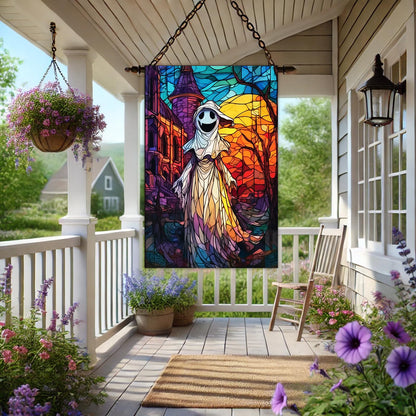 BlissYard Spooky Ghost Halloween House Flag 28 x 40 Inch Double Sided Stained Glass Church Sunset Fall Garden Flag Banner Background for Autumn Porch Yard Outdoor Decor Holiday House Flags