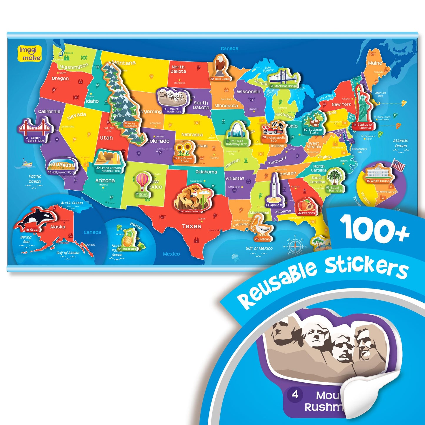 Imagimake Mapology USA Map with Reusable Stickers | 100+ Jelly Stickers | Classroom Geography Games & Learning Kids Toys Age 5-8 | Gifts for Boys & Girls Age 5,6,7,8,9,10,11,12 Years Old