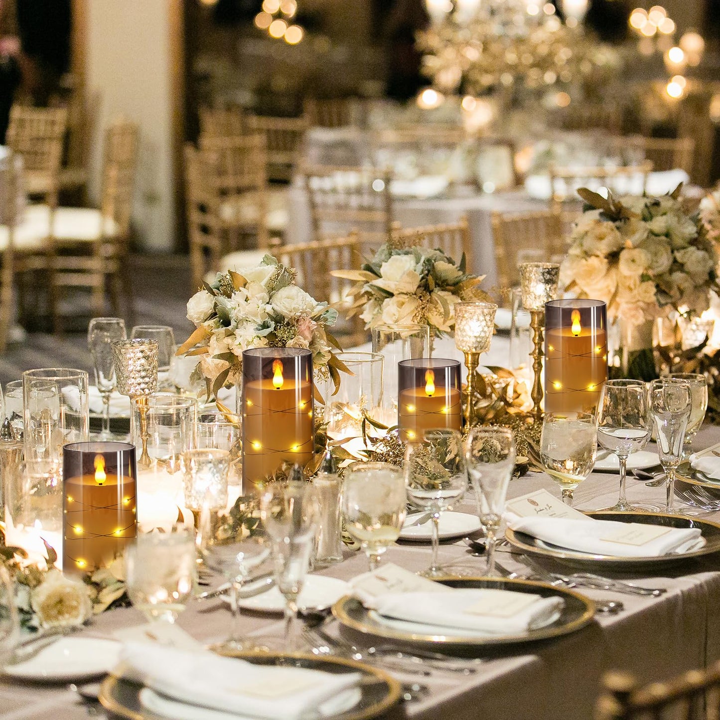 NURADA Flickering Flameless Candles: Built-in Star String Lights 3D Wick Acrylic Battery Operated LED Pillar Candles with Remote and Timer for Fall Halloween Christmas Home Decoration - 3 Pack Gray