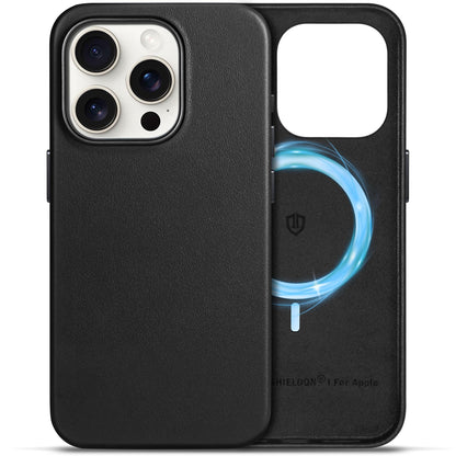 SHIELDON Genuine Leather Case for iPhone 15 Pro 6.1", Magnetic Wireless Charging - Slim Fit - Non-Slip - Metal Buttons - Shockproof Protective Phone Case Compatible with iPhone 15 Pro 2023 - Black