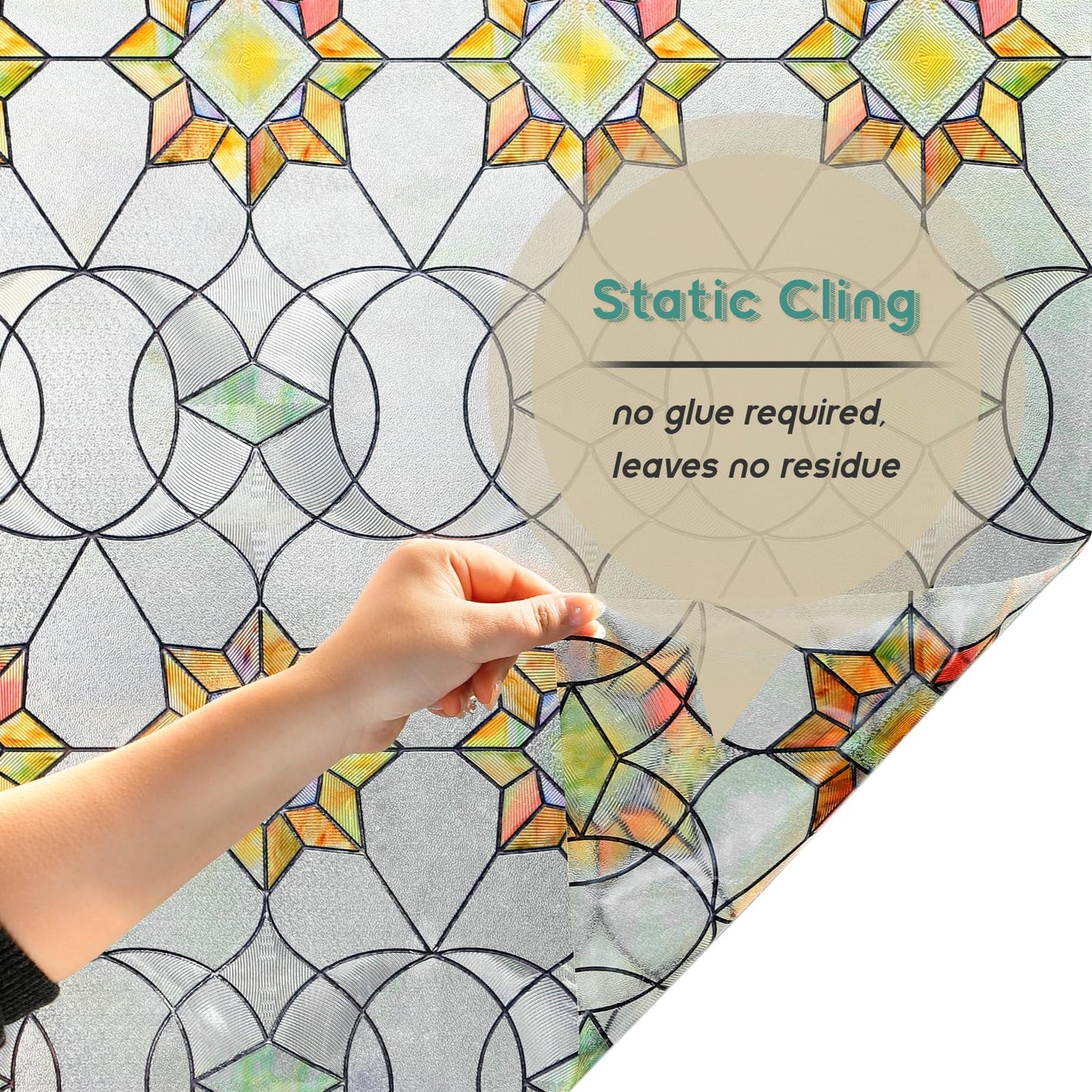 Oxdigi 3D Stained Glass Window Film - Static Cling Privacy Protection & UV Blocking, Floral Geometry Pattern 23.6x35.4 (No Residue, Reusable)