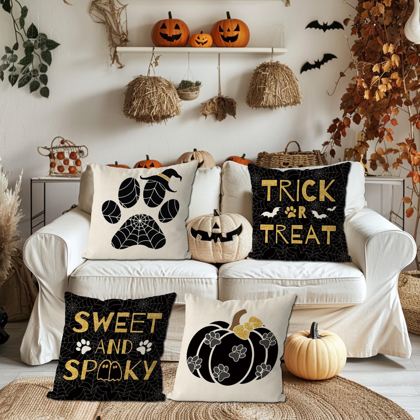 GAGEC Halloween Pillow Covers 18x18 Inch Set of 4 Dog Paws Pumpkin Throw Pillow Covers Holiday Farmhouse Pillowcase Couch Cushion Case for Indoor Outdoor Home Sofa Decor