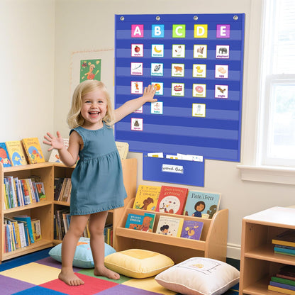 ALSLEA Standard Pocket Chart for Classroom with Zipper Storage Bag 28"x28" Wall Hanging File Display Pocket Chart with 7 Sentence Strips Holder Teacher Essential (Blue)