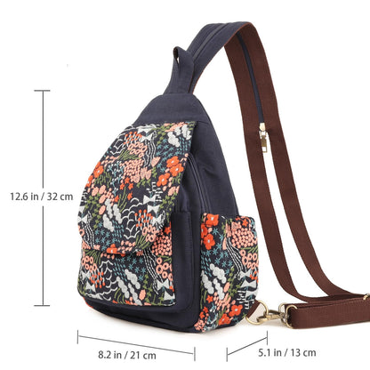 SILKAREA Canvas Sling Backpack Purse for Women Embroidered Flowers Travel Backpack Crossbody Bag Shoulder Bag (Embroidered B)