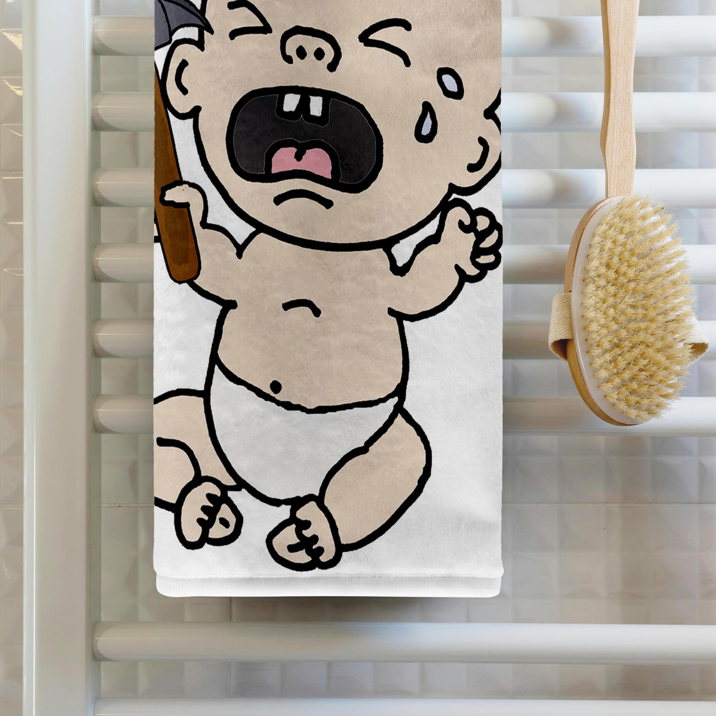 3dRose Funny Crying Baby with Hammer Carpenter Satire 15x22 Hand Towel