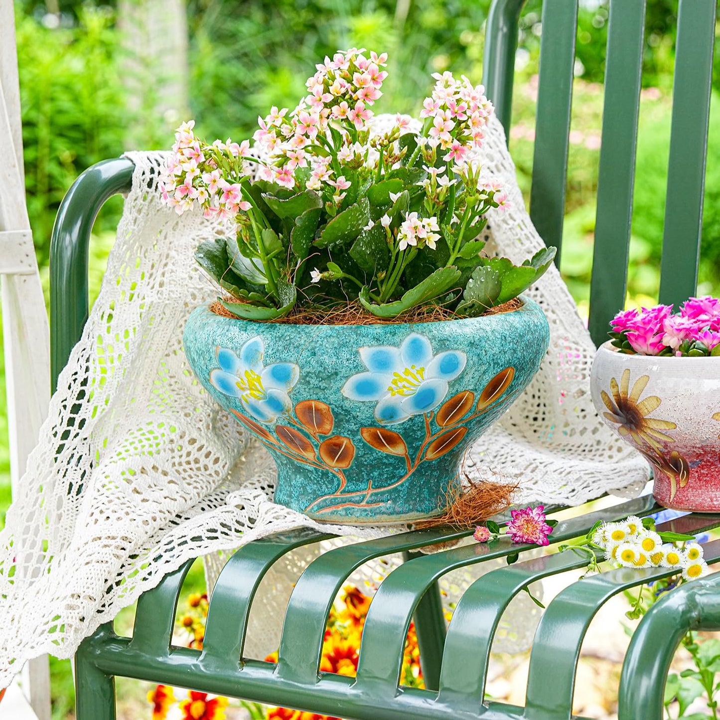 Sungmor 9.6 Inch Large Succulent Plant Pots, Pretty Hand Painted Ceramic Planter with Drainage, Indoor Outdoor Cactus Planter Bonsai Pot, Flower Pot for Indoor Plants Garden Windowsill Desktop Decor