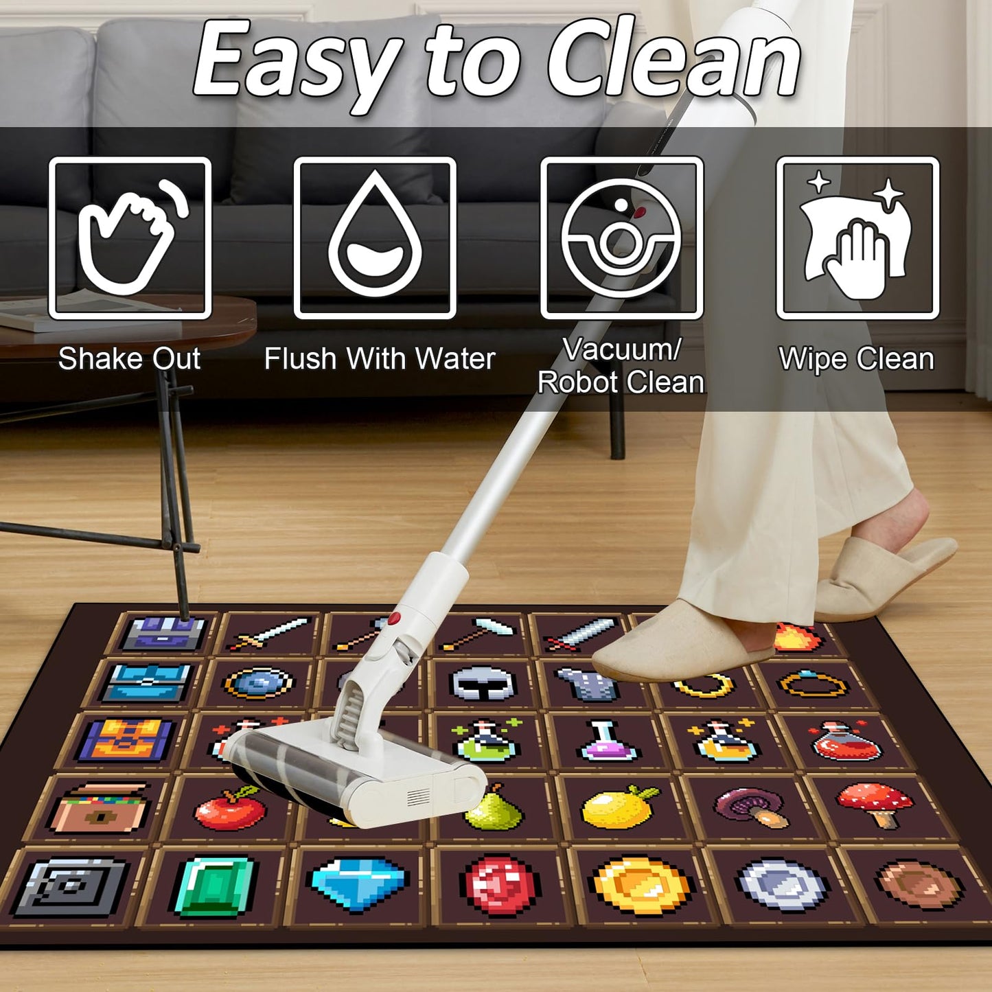 DRVAKO Game Rug Teen Boys Carpet with Pixel Games Element Items Decoration Mat, Weapon Medical Game Rugs for Boy’s Bedroom Living Room Playroom, Non-Slip Children Gaming Area Rugs (Brown, 63" x 47")