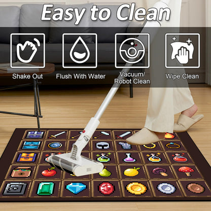 DRVAKO Game Rug Teen Boys Carpet with Pixel Games Element Items Decoration Mat, Weapon Medical Game Rugs for Boy’s Bedroom Living Room Playroom, Non-Slip Children Gaming Area Rugs (Brown, 63" x 47")
