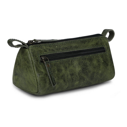 TheAntiq Leather Makeup Bag for Women – Genuine Leather Cosmetic Bag Travel, Handmade Zippered Makeup Pouch, Small Toiletry Bag, Shaving Kit & Stationery Organizer- Forest Green