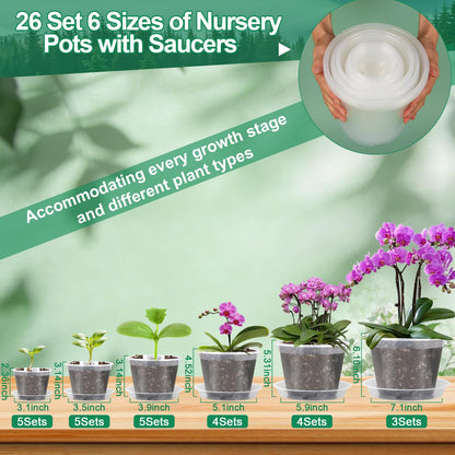 Modacraft 26 Pack Clear Plastic Nursery Pot for Plants with Saucers, 2 Garden Tools and 30 Labels, Variety Clear Nursery Planter with Drainage Holes for Indoor Outdoor (3.1/3.5/3.9/5.1/5.9/7.1 inch)