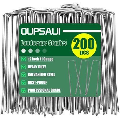 12 Inch Galvanized Landscape Staples Stakes, 25/50/100/200pcs Garden Metal Stakes for Weed Barrier Fabric, Fence Stakes, Tent Stakes, Christmas Decorations (200pcs)