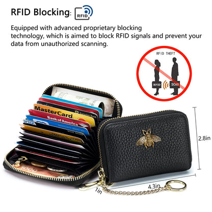 imeetu RFID Credit Card Holder, Small Leather Zipper Card Case Wallet with Keychain and ID Window for Women (Pro,Olive Green)