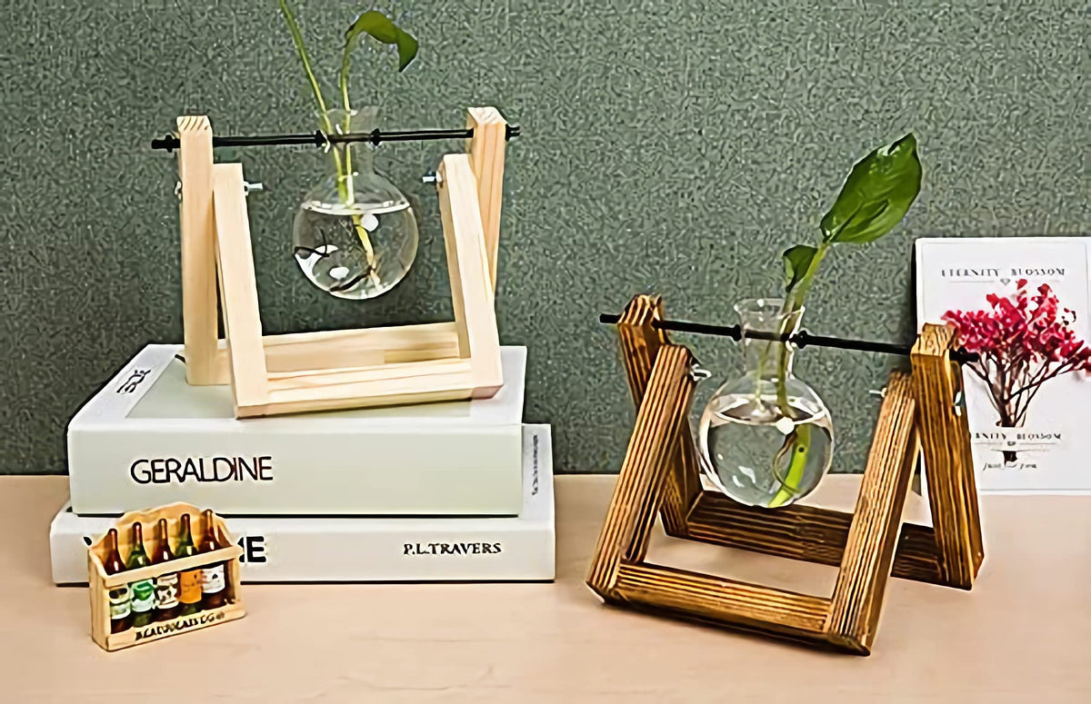 Kingbuy Plant Propagation Station Air Plant Terrarium Bulb Vase with Wooden Swivel Holder Desktop Glass Planter for Indoor Water Plants Home Office Tabletop Decor - 1 Bulb Vase