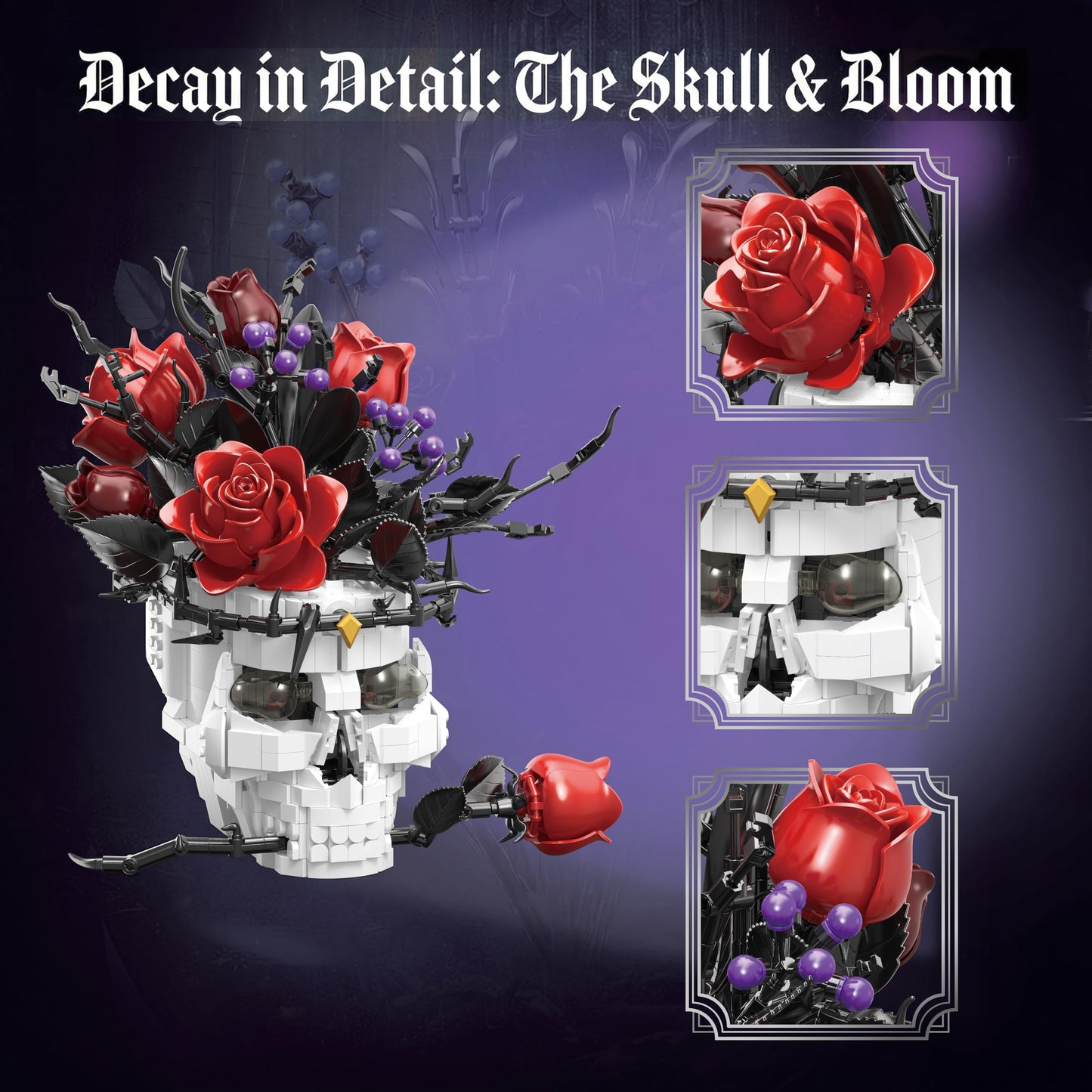 Holexapyd Gothic Skull Roses Flower Building Set for Adults, Horror Botanical Skeleton Pot Home Table Decor, Cool Unique Collectible Halloween & Valentine's Day Gifts with Box (1376 PCS)