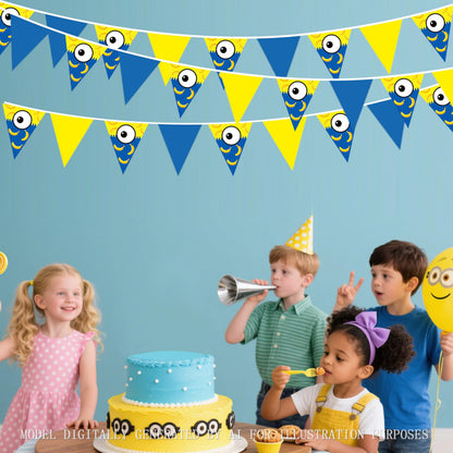 32Ft Yellow Blue Cartoon Party Decorations Blue Yellow Big Eyes Banana Triangle Flag Fabric Banner Pennant Garland Streamers for Cartoon Birthday Baby Shower Big Eyes Movie Party Decor Supplies