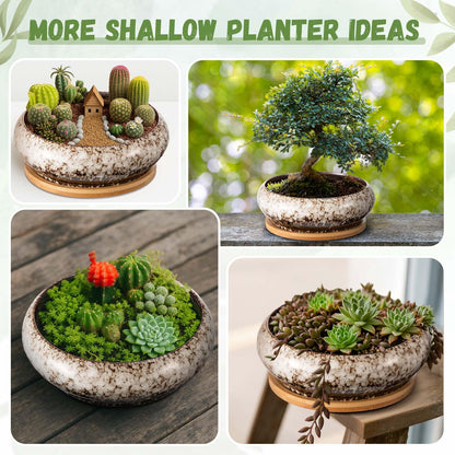 Acellegic 5 Pcs 7.3'' and 4'' Round Large Shallow Succulent Ceramic Planter Pots with Drainage Hole Drip Glazed Shallow Bonsai Pot with Bamboo Tray for Indoor Outdoor Plants Decor Cactus Flower