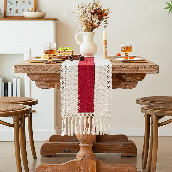 FEXIA 4th of July Table Runner for Home Decor with Tassels 72 Inches Long Farmhouse Red Rustic Boho Table Runner Macrame Burlap Table Decoration for Living Room Bridal Shower(12x72 Inches)