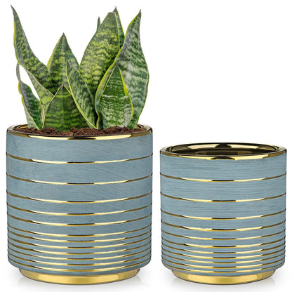 GnFlus Grey Ceramic Plant Pots, 5.5 + 6.2 Inch Gold Striped Planter for Plants, Modern Flower Pots for Home and Office, Indoor Planters with Drainage Set of 2