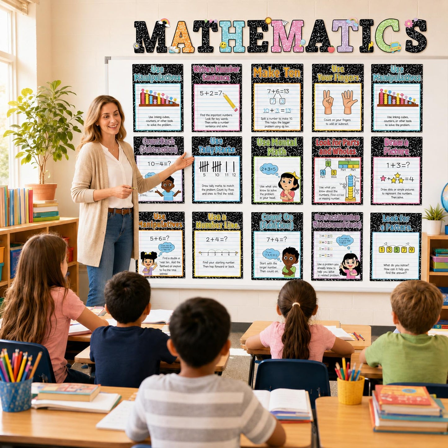25Pcs Mathematics Strategy Posters Composition Notebook Classroom Decor Educational Math Posters Math Manipulatives Wall Art for Back to School Classroom Bulletin Board Decorations Teacher Supplies