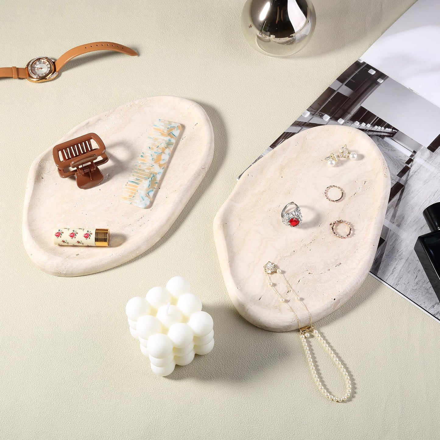 BCS Marble Jewelry Tray Trinket Dish, Decorative Cloud Vanity Key Tray for Women, Perfume Ring Holder Dish for Ring Earring, Cute Jewelry Plate Bowl Aesthetic Room Decor（Beige Travertine）