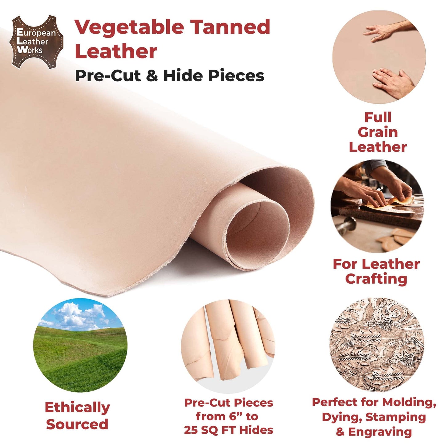 ELW 6-7 oz (2.4-2.8mm) Thickness Weight Pre-Cut 12"x24" Vegetable Tanned Leather Cowhide Grade AB Full Grain Leather for Tooling, Carving, Engraving, Molding, Embossing, Stamping, & Dyeing