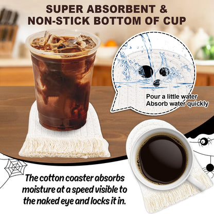 Whaline Halloween Ghost Cotton Coasters Cute White Ghost Shape Handmade Braided Drink Coasters with Tassel Absorbent Cup Mats for Trick or Treat Party Home Table Decor, Set of 4