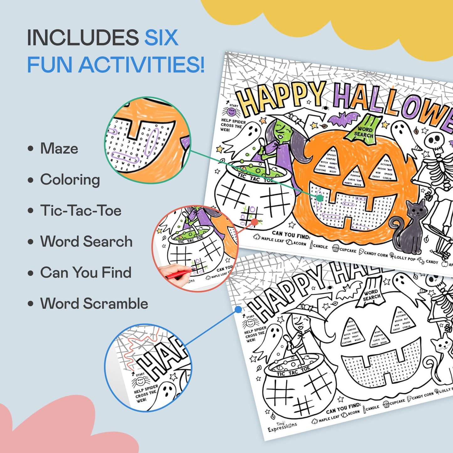 Tiny Expressions Halloween Placemats (Pack of 12 Pumpkin Placemats) | Coloring Activity Paper Table Mats for Parties & Events | Disposable Bulk Bundle Set