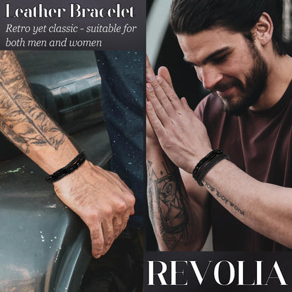 REVOLIA 3Pcs Black Leather Bracelets for Men Women Braided Leather Wristband Cuff Bracelets Multi-Layer Braided Leather Bracelets Set Black 7.5 Inch