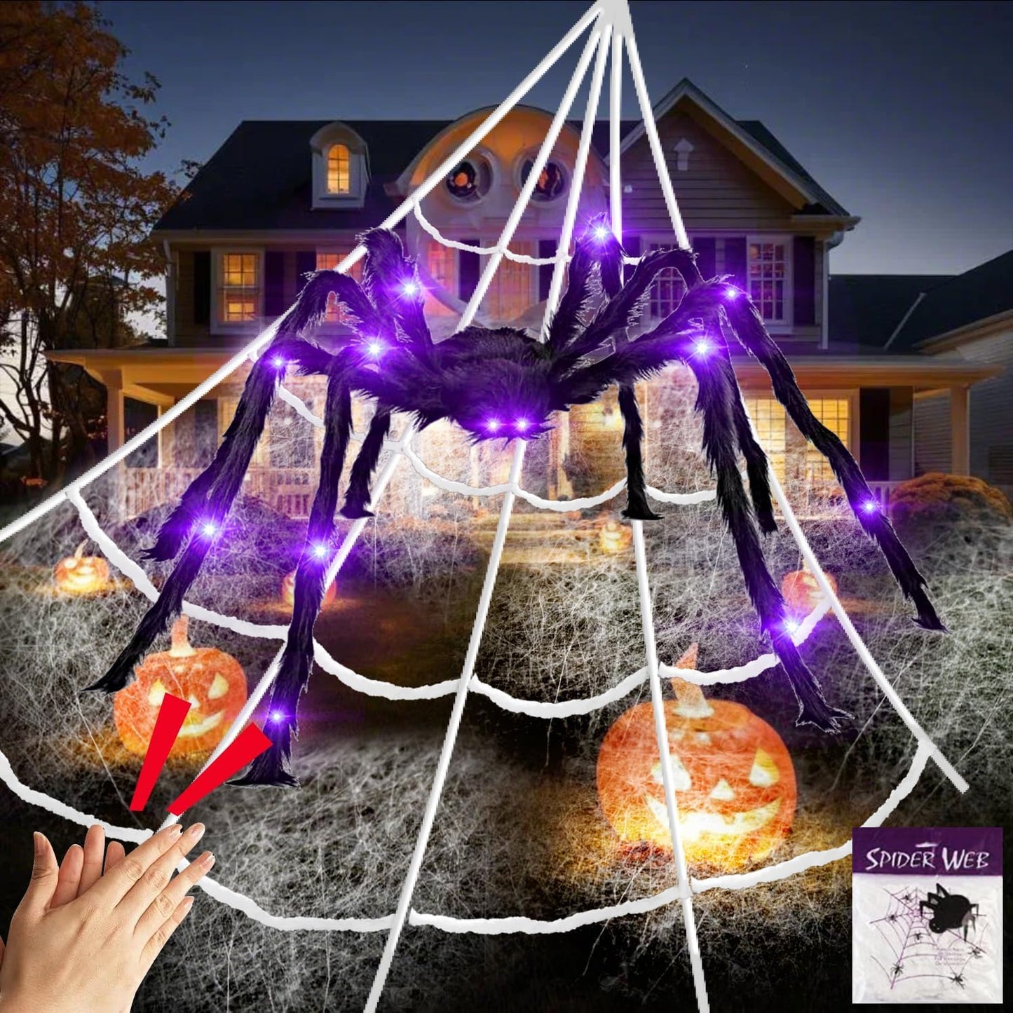 5ft Giant Light Up Sound Activated Talking Halloween Spider with Purple Lights and 17 * 16Ft Spider Web with 200sqft Stretched Cobweb for Indoor Outdoor Decorations and Yard Creepy Lighted Decor