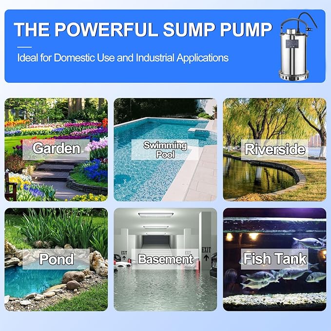 Sump Pump Submersible Water Pump 3/4HP 3500GPH Stainless Steel Portable Water Transfer Pump Electric for Pool Draining Hot Tub Basement Utility Pumps