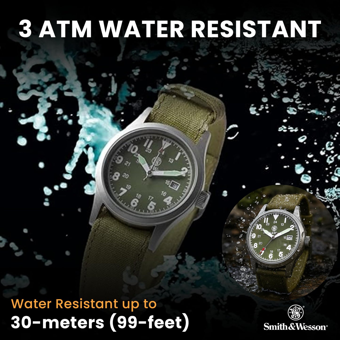 Smith & Wesson Men's Military Watch, 3 Interchangeable Canvas Straps, 3 ATM Water Resistant, Date Display, Scratch Resistant Glass, Military Style Watch for Outdoor Activities, Swimming, 40 mm