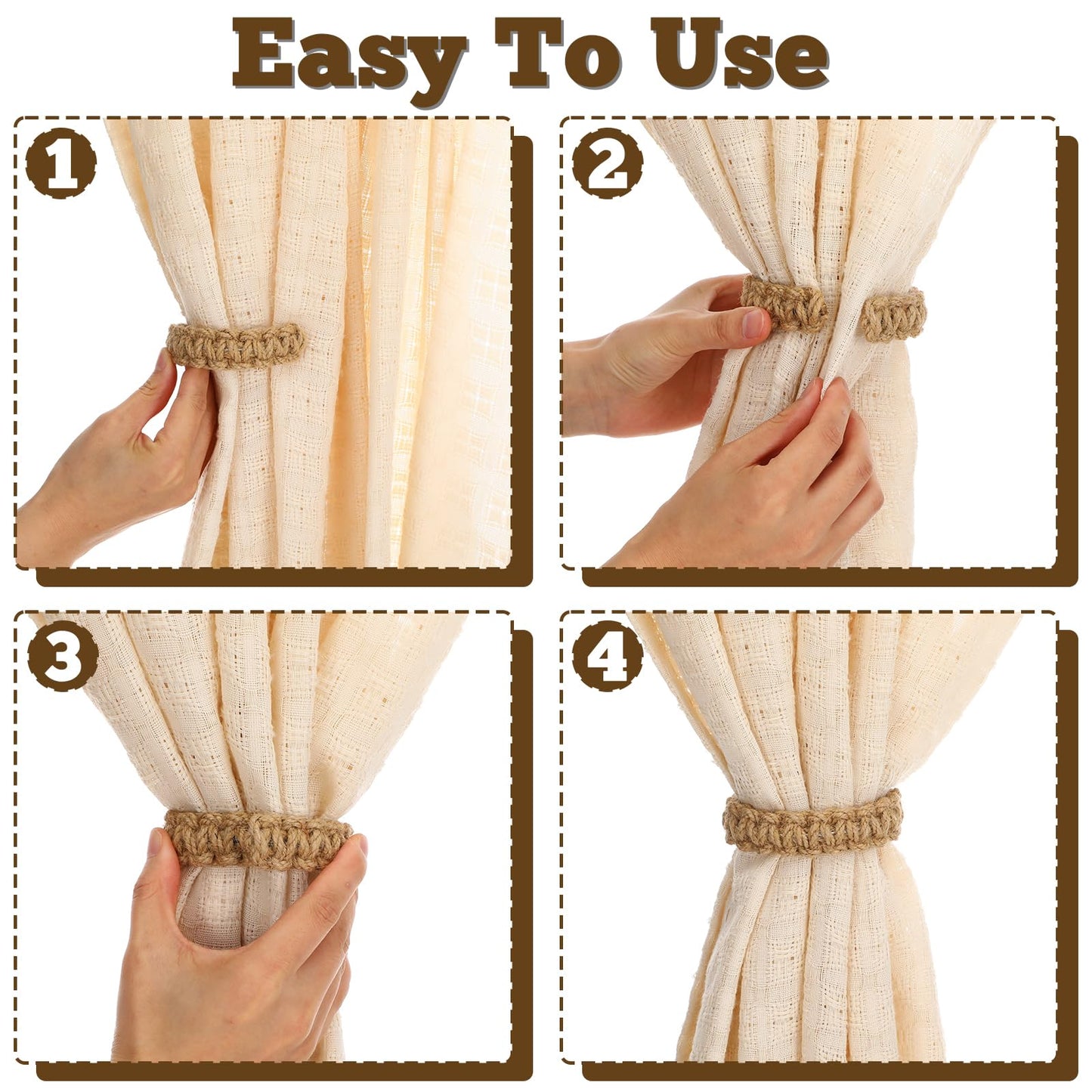 8 Pack Braided Curtain Tieback Rustic Drapes Holdback Boho Curtain Tie Backs Farmhouse Curtains Tie Holder Handmade Drape Rope Tieback for Home Office Sheer Weight Decor Drapery Straps Indoor