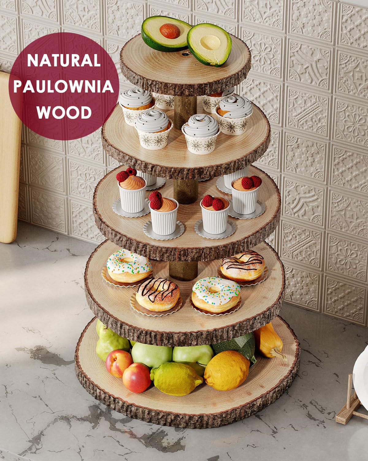 SANYOUNG Wood Cupcake Stand, 5 Tier Wooden Cupcake Tower, Large Rustic Cake Display Holder Stand for Woodland Baby Shower, Wedding, Birthday, Tea Party, Farmhouse Dessert Table Decorations