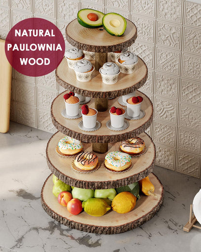 SANYOUNG Wood Cupcake Stand, 5 Tier Wooden Cupcake Tower, Large Rustic Cake Display Holder Stand for Woodland Baby Shower, Wedding, Birthday, Tea Party, Farmhouse Dessert Table Decorations