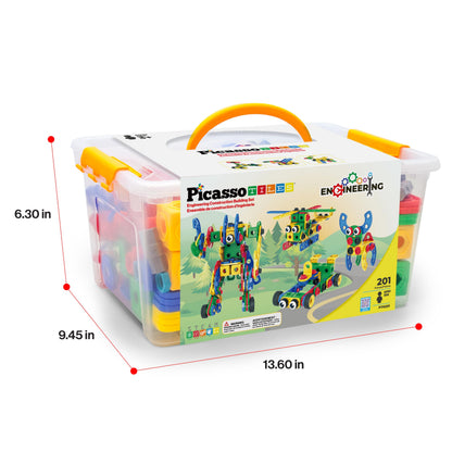 PicassoTiles 201pc STEM Learning Block Construction Kit with Power Drill and Clickable Ratchet Educational Engineering Toy Set Kids Age 3 Plus Preschool Activity Creative Play with Idea Book PTN201