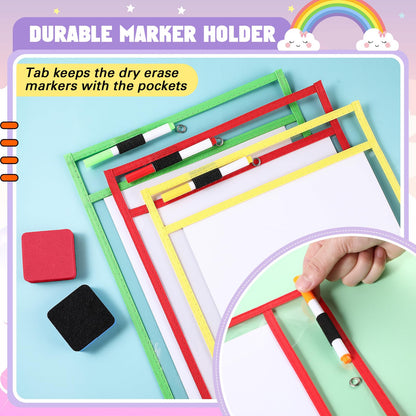 24 Pcs Dry Erase Pocket Reusable Sleeves 10" x 14" Clear Plastic Sheet Protectors with Markers and Mini Dry Erasers for Paper(Rainbow)