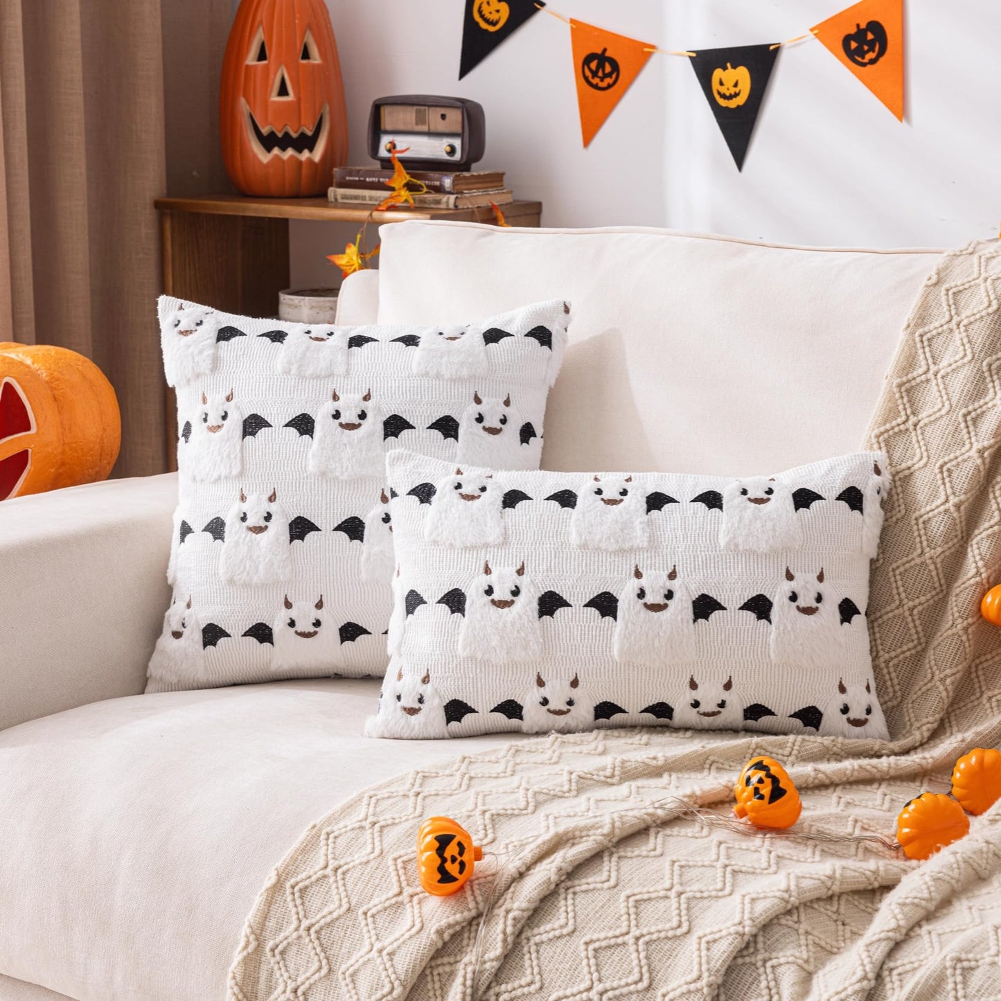 AQOTHES Halloween White Ghost Throw Pillow Covers 18x18 inch Set of 2, Cute Skeleton Pillowcases Holiday Cushions Covers for Halloween Decorations Indoor Home Sofa Couch