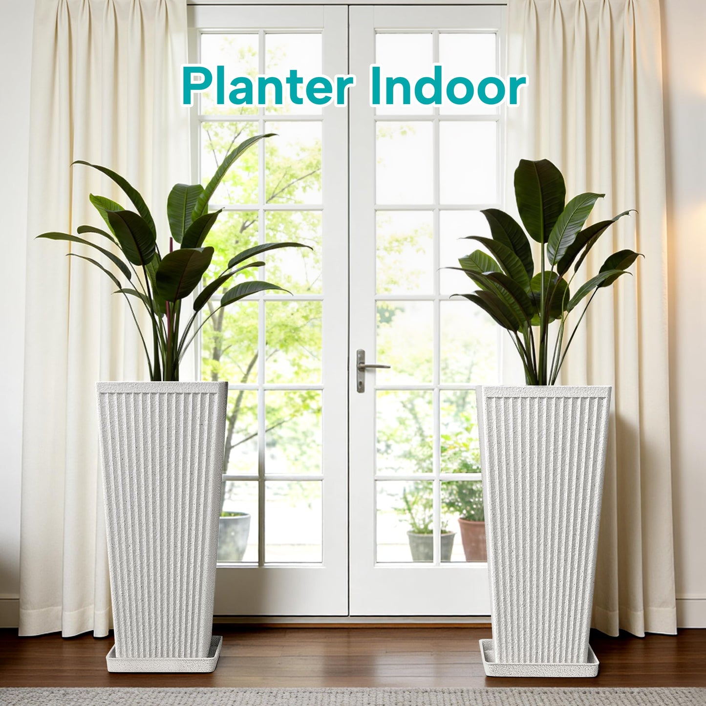 Diyfire Tapered Tall Planters for Outdoor Plants 2 Pack- 23.6 Inch Heavy-Duty Classic Square Indoor Flower Pots with Drainage Holes/Partition/Tray, Large Outdoor Planters for Porch Patio, White