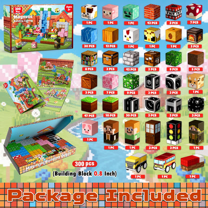 300 PCS Magnetic Blocks - Magnetic Building Block, Stacking Magnet Building Cubes for Kids, Magnetic Construction Toy for Boy Girl, STEM Montessori Sensory Toy Ages 3-12 Years Old Birthday Gift