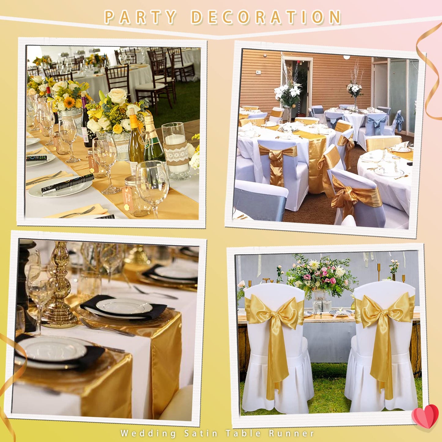 Set of 5 Satin Table Runners Gold 12x108 inch Table Runner for Party Wedding Reception Banquet Decoration Bright Silk Smooth Fabric Party Chair Sashes