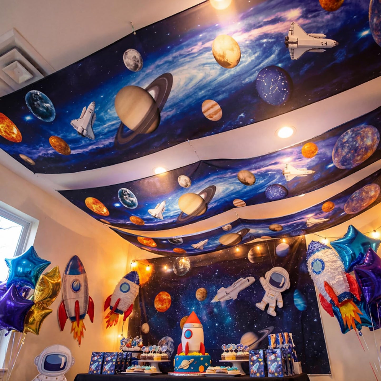 Feifeiya 3 Pcs Solar System Party Decorations 24 Inch x 12 ft Vbs 2026 Decoration Outer Space Theme Ceiling Decor for Space Summer Vocation Church Sunday School Classroom Birthday Party Decor Supplies