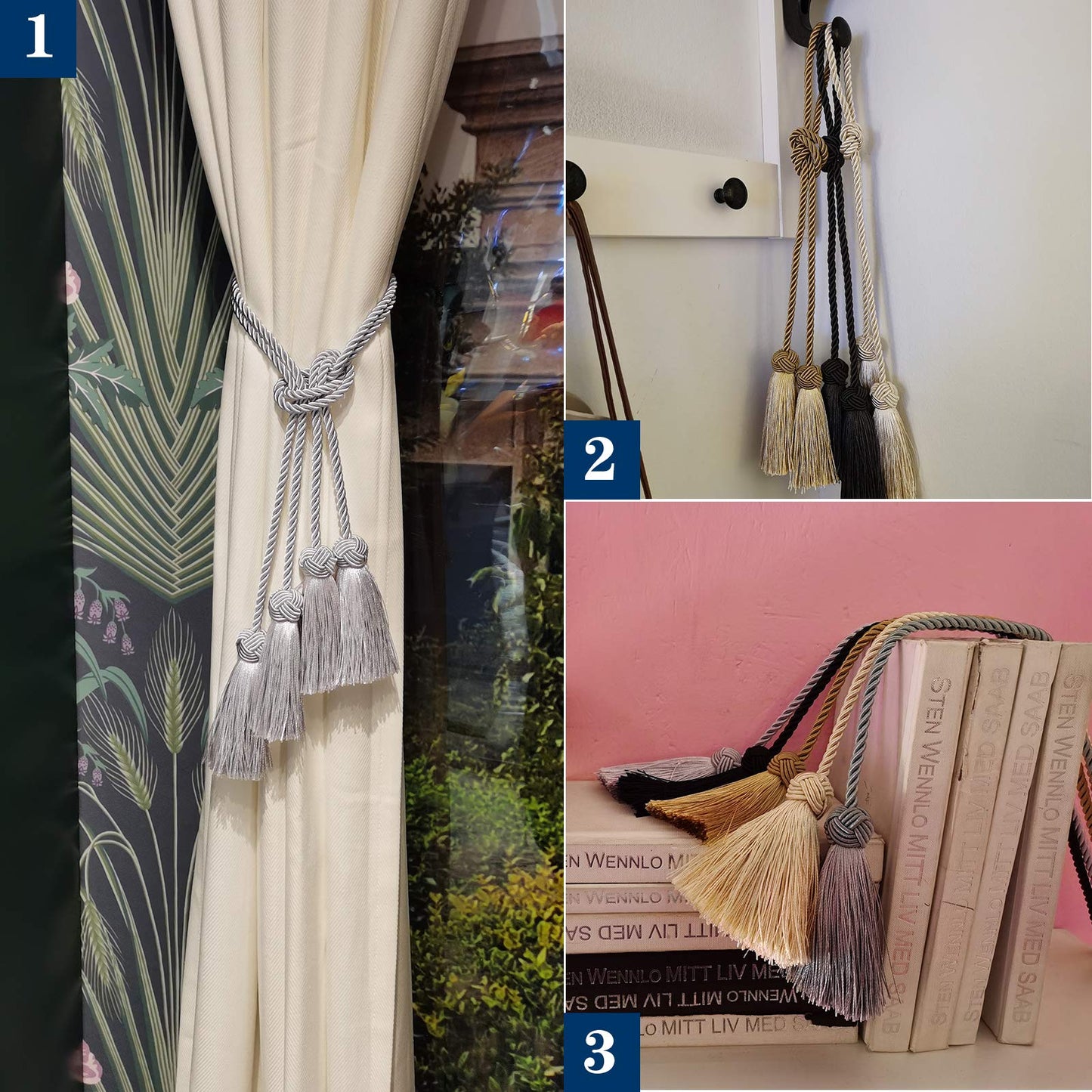 Porlau Elegant Curtain Tiebacks Rope Decorative Curtain Tie Backs for Drapes Hand Woven Window Treatment Holdbacks with Tassel, Grey 6pack