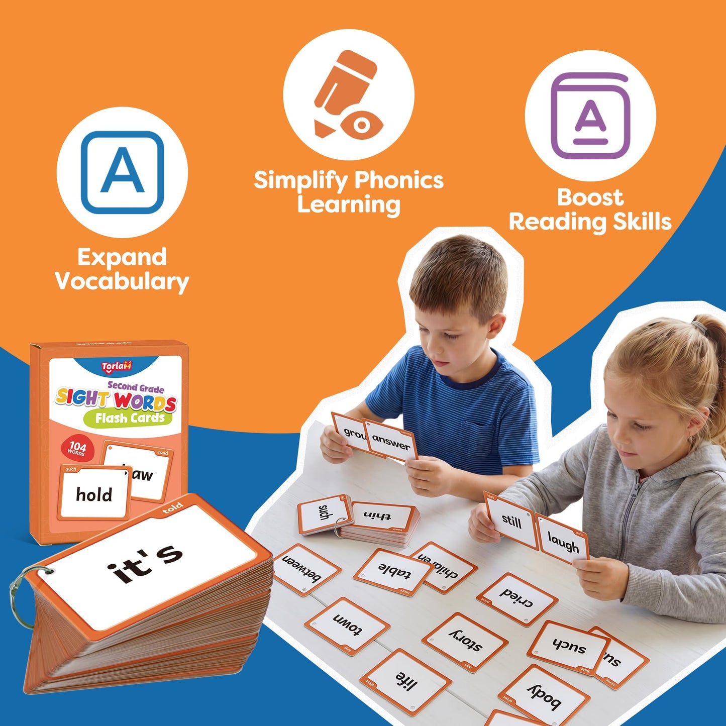 Torlam Sight Words Flash Cards for Kids 2nd Grade,Learn to Read Digraphs CVC Blends Long Vowel Sounds Spelling Reading Phonics Games for 7-8 Years, Site Words Classroom Homeschool