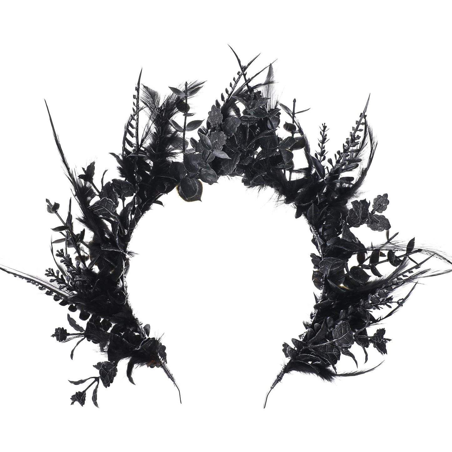 MOSTORY Black Flower Halo Crown - Handmade Gothic Floral Headband with Feather for Women Witch Goth Wedding, Dark Halo Headband for Renaissance Cosplay Photo Shoot