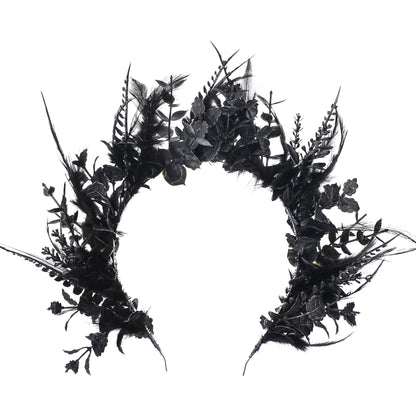 MOSTORY Black Flower Halo Crown - Handmade Gothic Floral Headband with Feather for Women Witch Goth Wedding, Dark Halo Headband for Renaissance Cosplay Photo Shoot