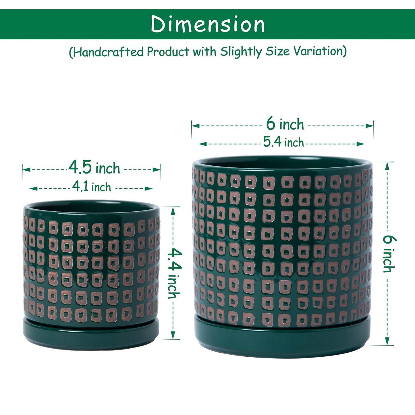 D'vine Dev Set of 2 Ceramic Planter Pots with Drainage Hole and Saucer, 4.5 Inch 6 Inch Plant Pots for Plants Indoor Houseplants, Green, 99-A-4