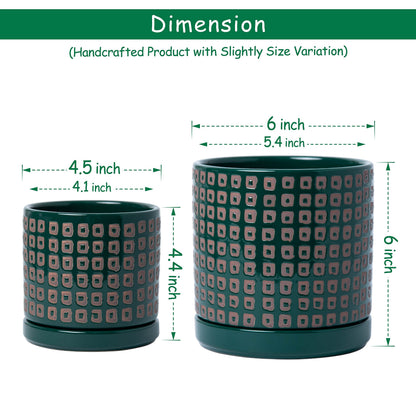 D'vine Dev Set of 2 Ceramic Planter Pots with Drainage Hole and Saucer, 4.5 Inch 6 Inch Plant Pots for Plants Indoor Houseplants, Green, 99-A-4