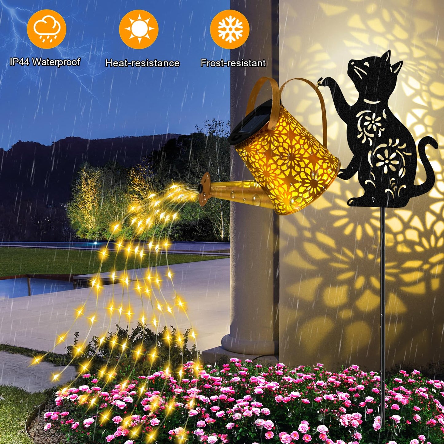 Solar Lights Outdoor Decorative, Watering Can with Cascading Lights, with Cat Silhouette Garden Stakes, Gifts for Mom Women, Waterproof Metal Garden Decor for Yard Art, Outside, Patio, Lawn Ornaments