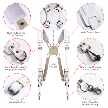 Padwa Lifestyle White Dual Camera Harness Strap for Two Cameras - Dual Shoulder Full Grain Leather Harness,Multi Double Camera Gear with Thick Padded,Double Camera Harness for Photographers