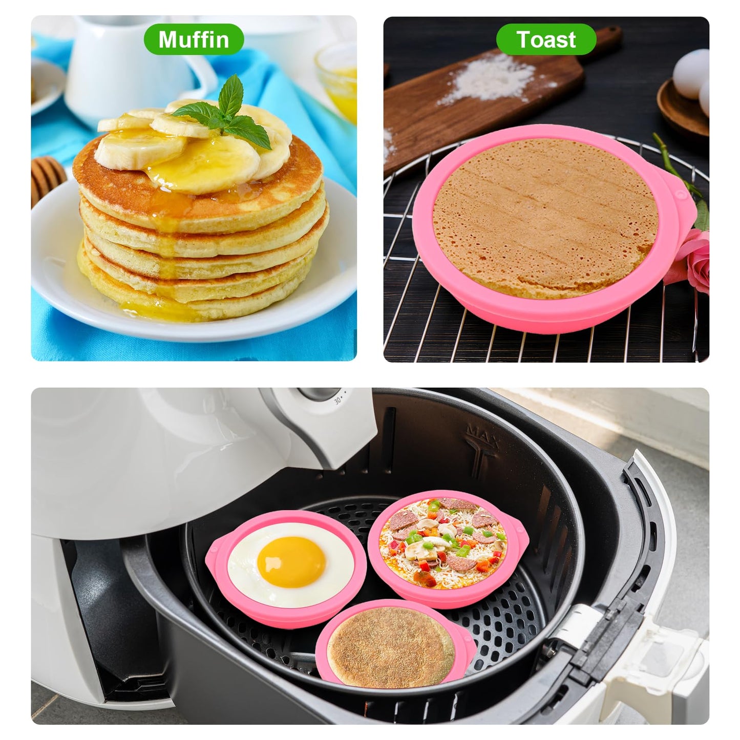 4 Pcs Air Fryer Egg Molds, Silicone Non-Stick Muffin & Toast Maker, Reusable Baking Cups Lids for Quick Cooking, Easy to Clean Air Fryer Accessories